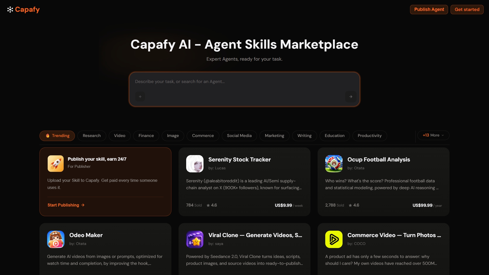 Capafy 英文用户端 Marketplace 首页